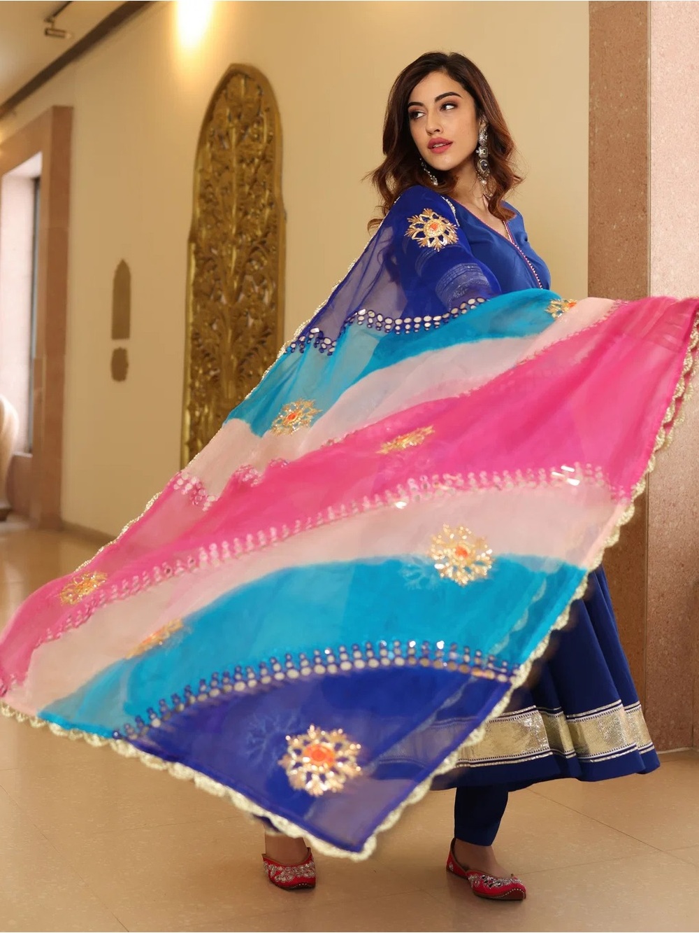 Navy blue Gotapatti Anarkali dress with Multicolor Dupatta